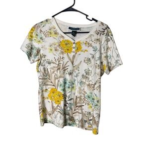 Karen Scott Petites Floral Henley Top White Yellow Teal PM Petites